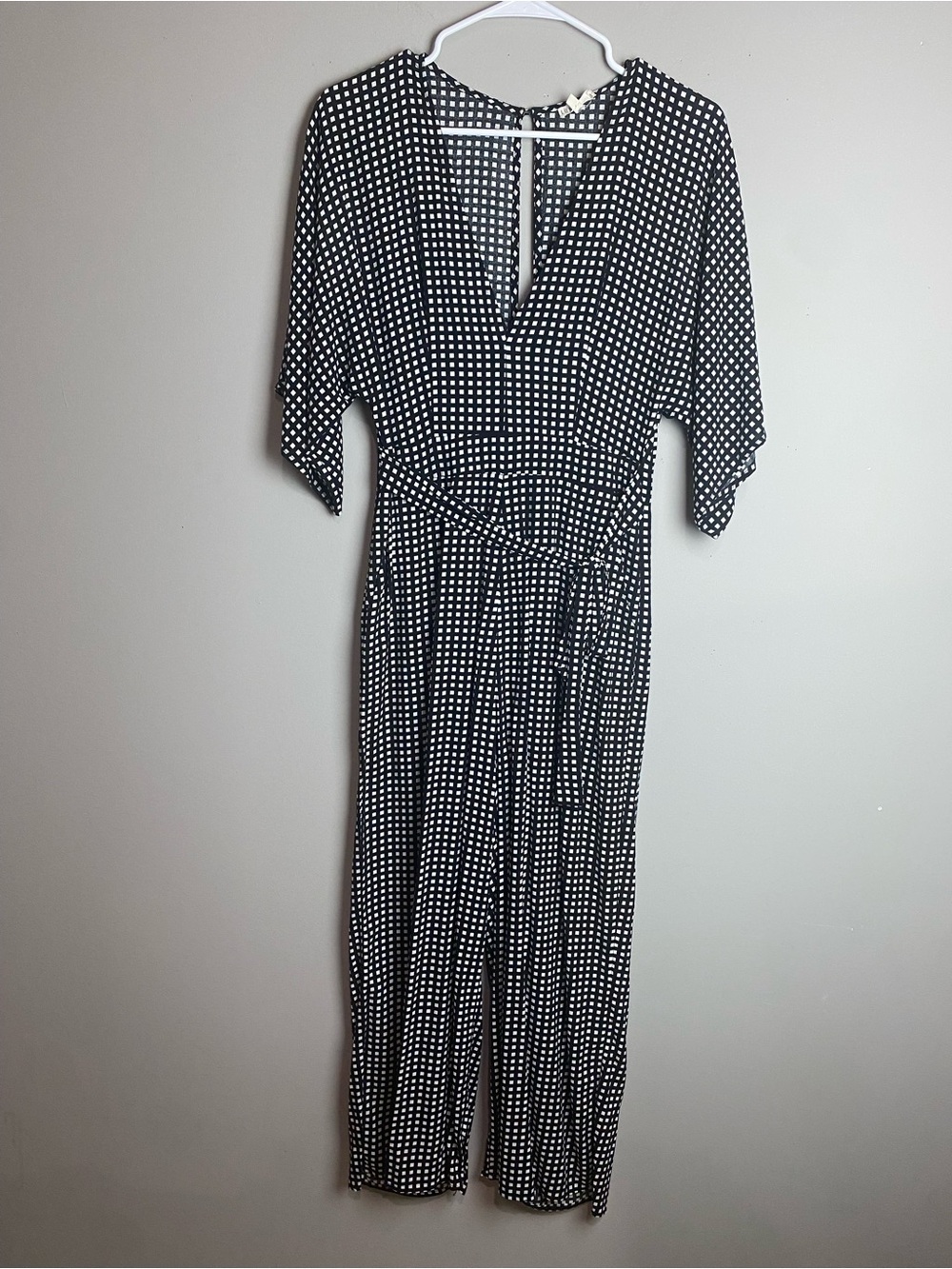 Black & White Polka Dot V-Neck Jumpsuit with Tie Waist